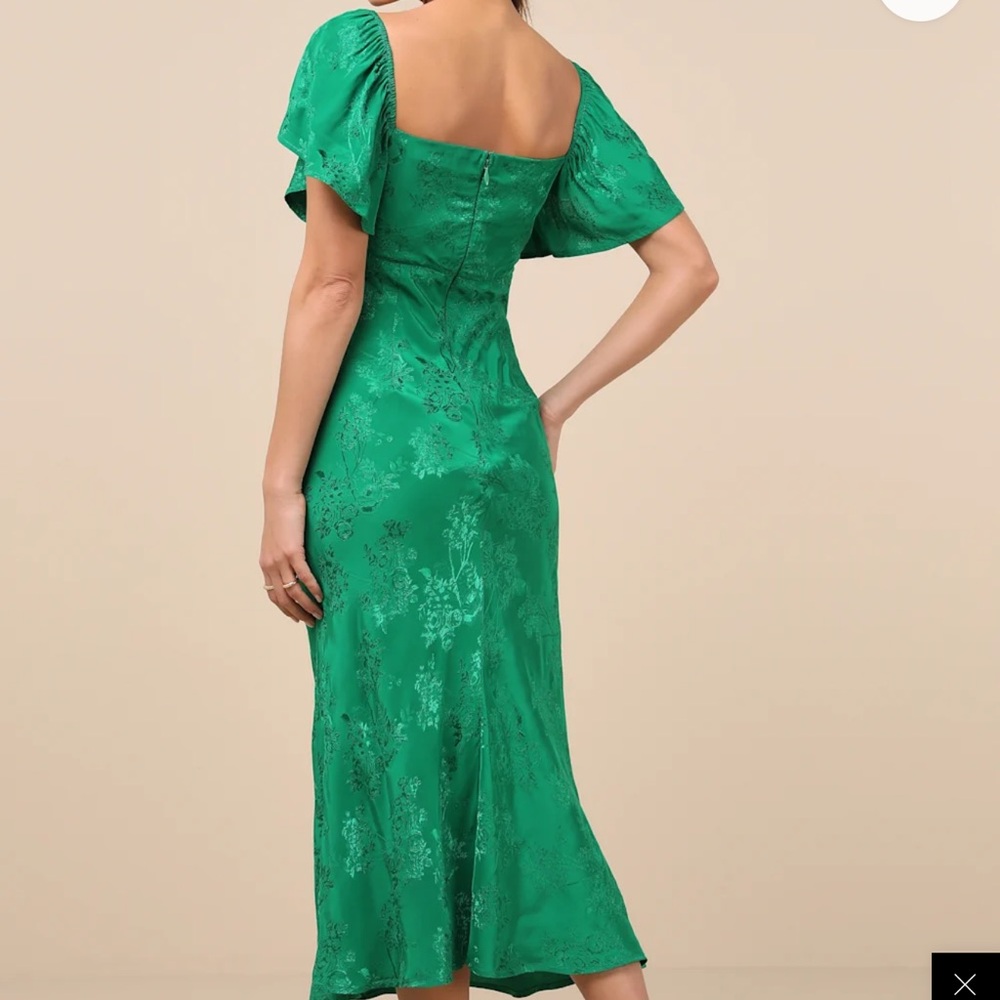 Effervescent Afternoon Green Satin Flutter Sleeve Midi Dress - Picture 3 of 4